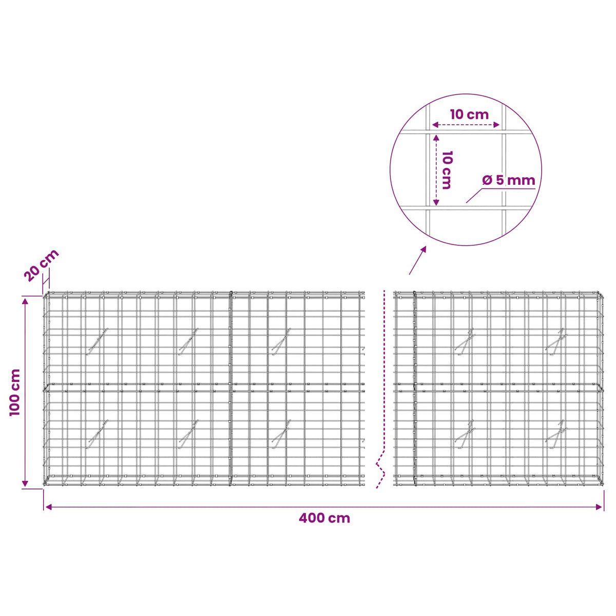 vidaXL Gabion with 5 mm Wire and 10x10 cm Mesh 400x20x100 cm 6