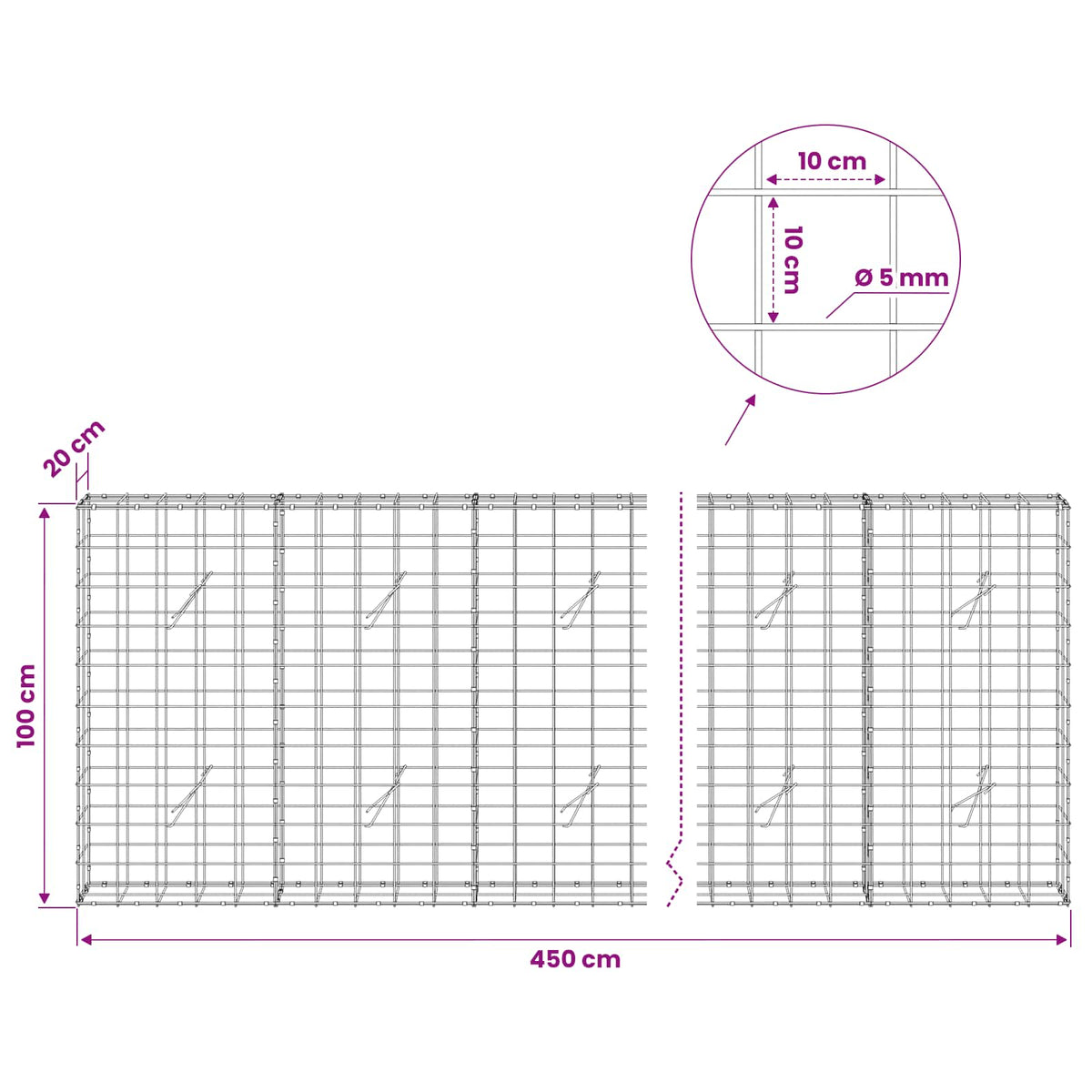 vidaXL Gabion with 5 mm Wire and 10x10 cm Mesh 450x20x100 cm 6