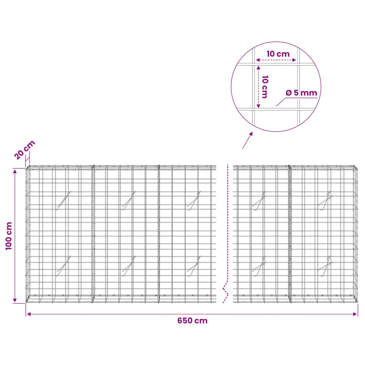 vidaXL Gabion with 5 mm Wire and 10x10 cm Mesh 650x20x100 cm 6