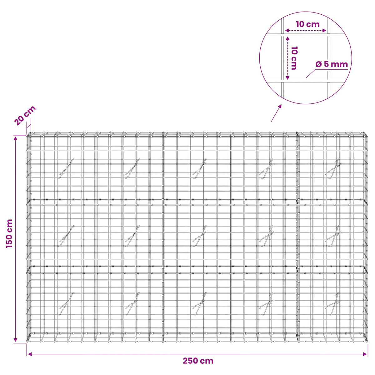 vidaXL Gabion with 5 mm Wire and 10x10 cm Mesh 250x20x150 cm 6