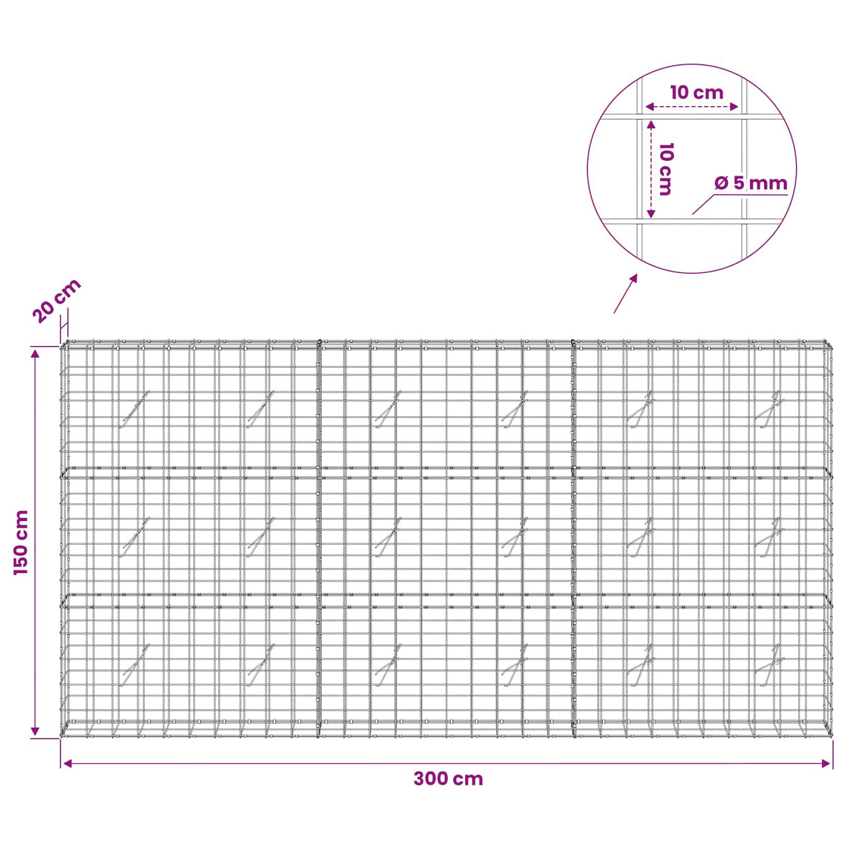 vidaXL Gabion with 5 mm Wire and 10x10 cm Mesh 300x20x150 cm 6