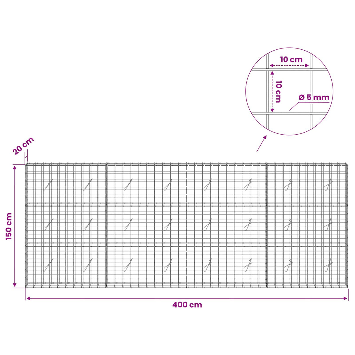 vidaXL Gabion with 5 mm Wire and 10x10 cm Mesh 400x20x150 cm 6