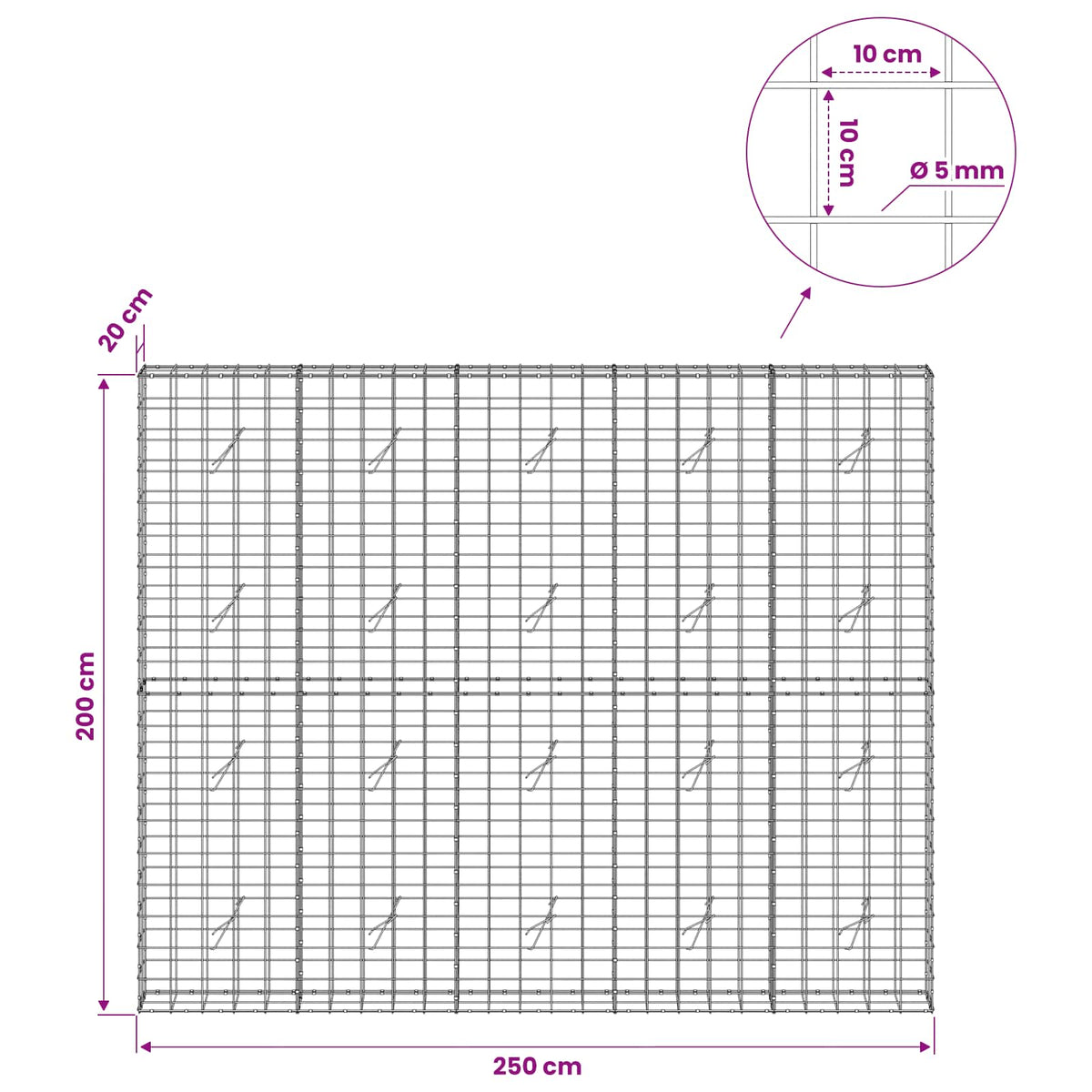 vidaXL Gabion with 5 mm Wire and 10x10 cm Mesh 250x20x200 cm 6
