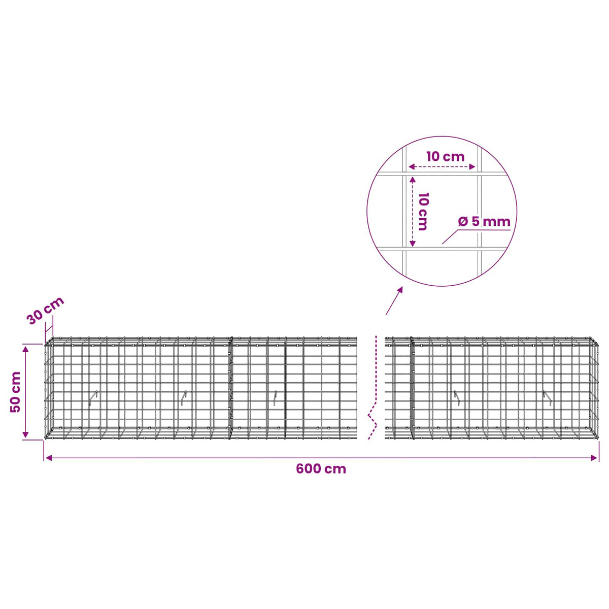 vidaXL Gabion with 5 mm Wire and 10x10 cm Mesh 600x30x50 cm 6