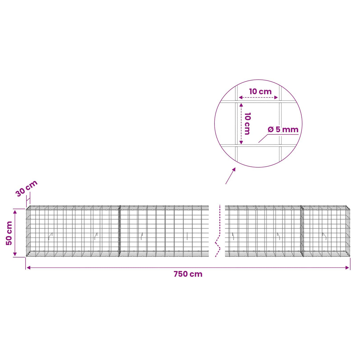 vidaXL Gabion with 5 mm Wire and 10x10 cm Mesh 750x30x50 cm 6