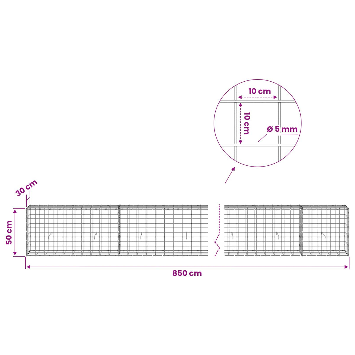 vidaXL Gabion with 5 mm Wire and 10x10 cm Mesh 850x30x50 cm 6