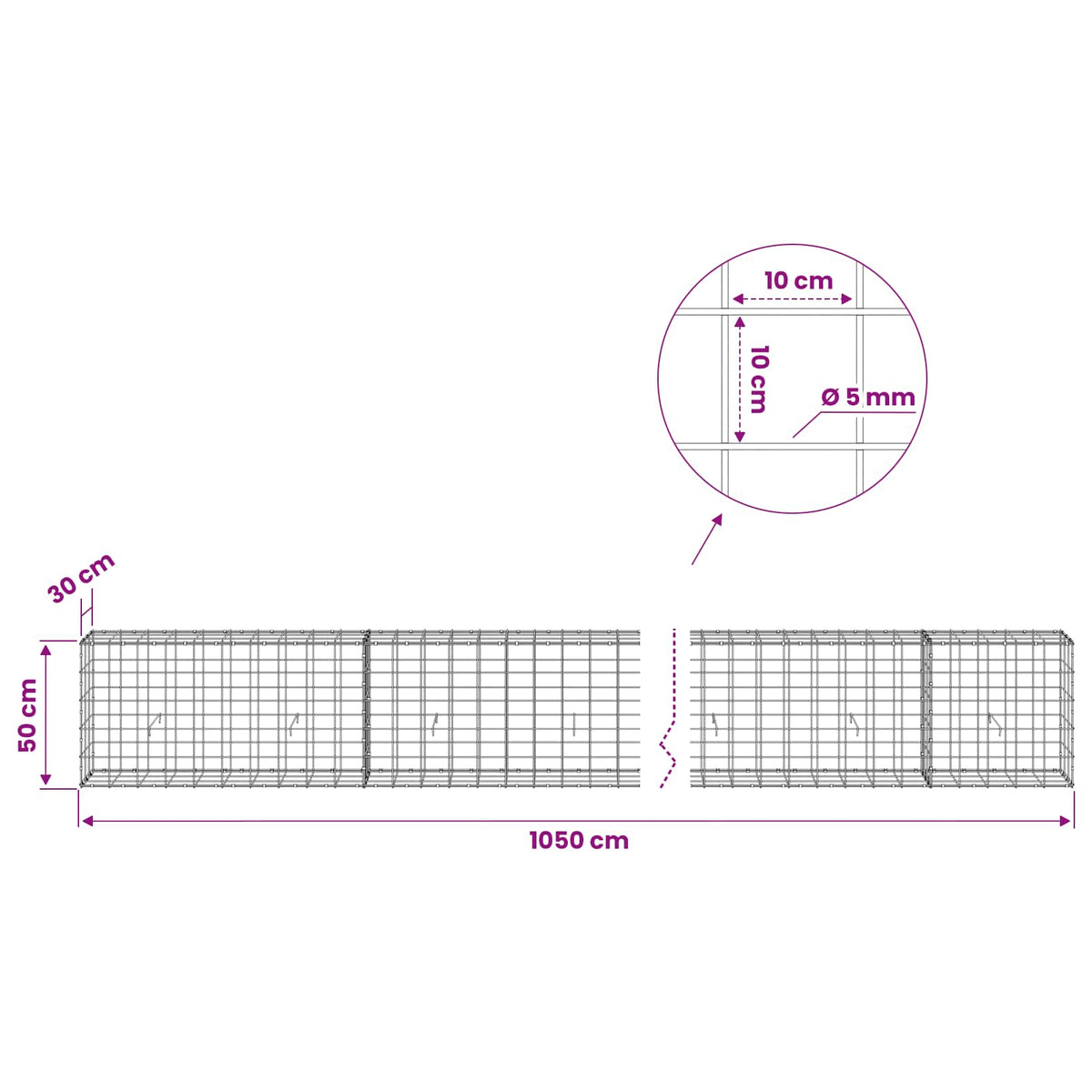 Gabion with 5 mm Wire and 10x10 cm Mesh 1050x30x50 cm 1050 cm