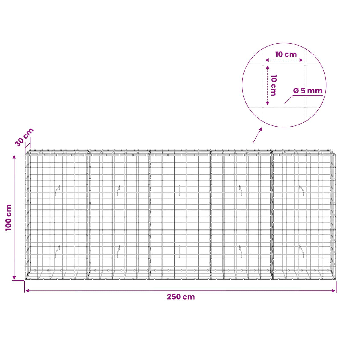 vidaXL Gabion with 5 mm Wire and 10x10 cm Mesh 250x30x100 cm 6