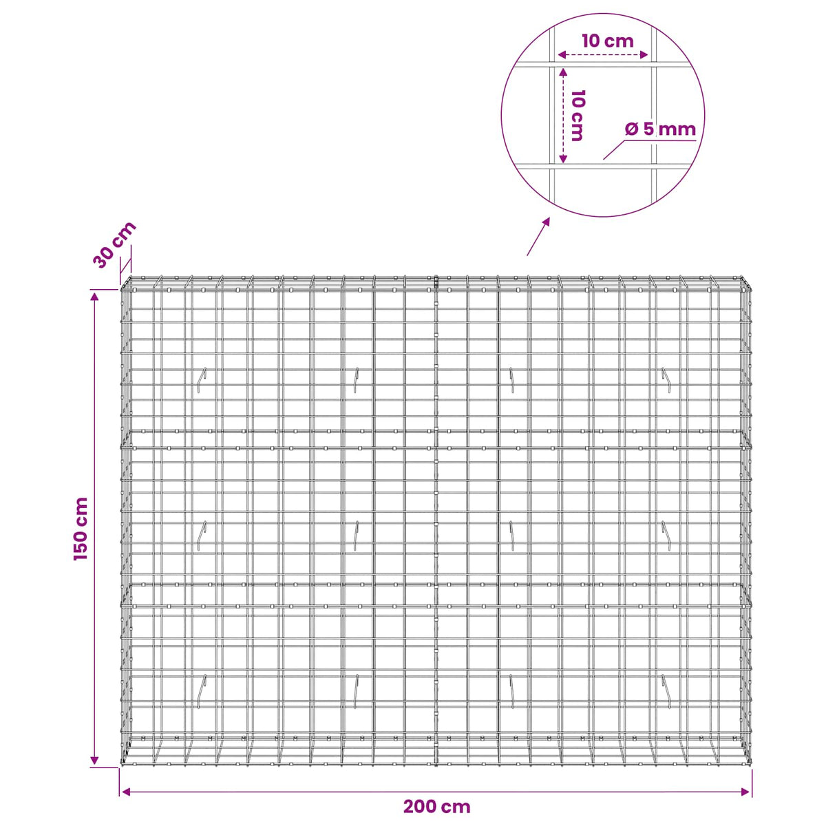 vidaXL Gabion with 5 mm Wire and 10x10 cm Mesh 200x30x150 cm 6