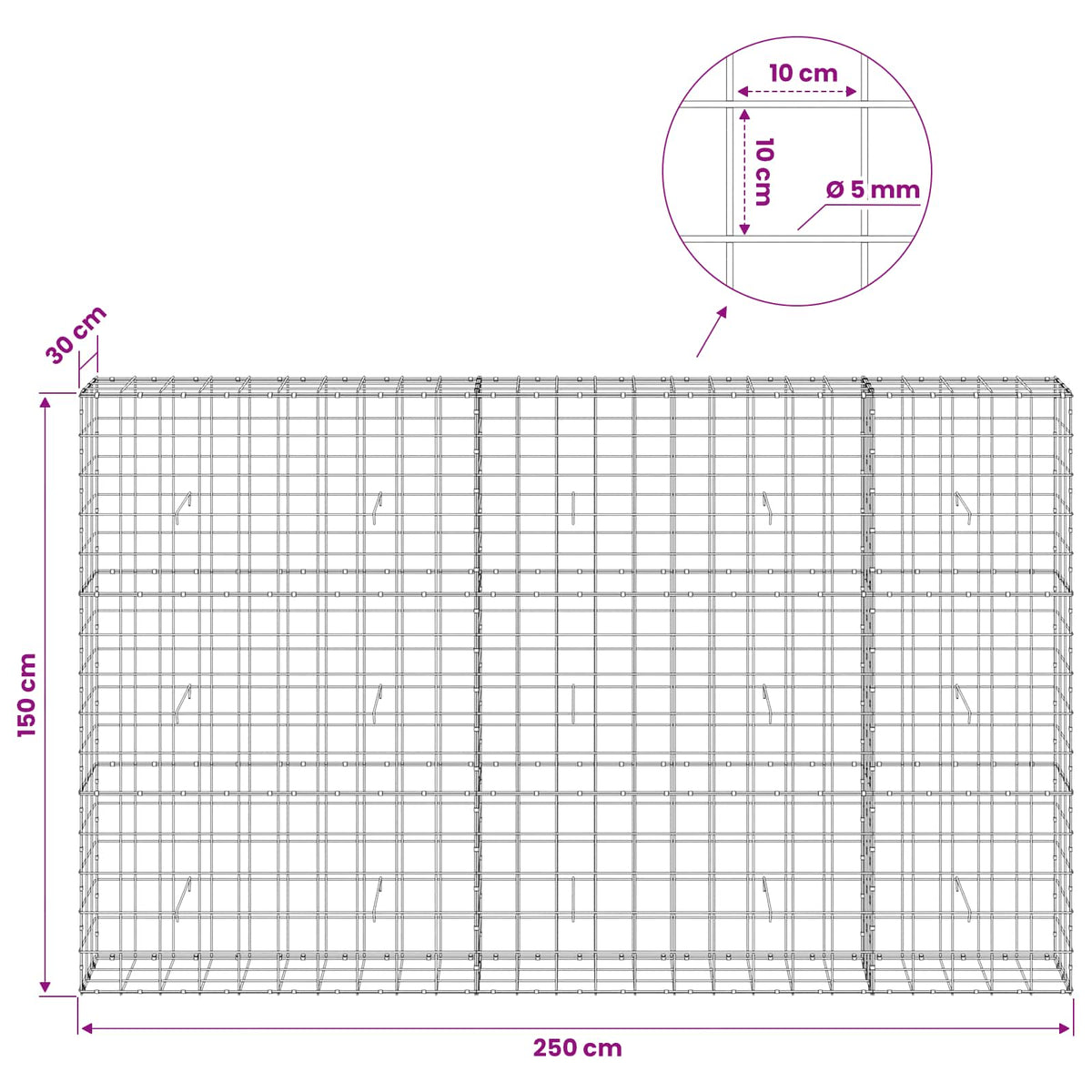 vidaXL Gabion with 5 mm Wire and 10x10 cm Mesh 250x30x150 cm 6