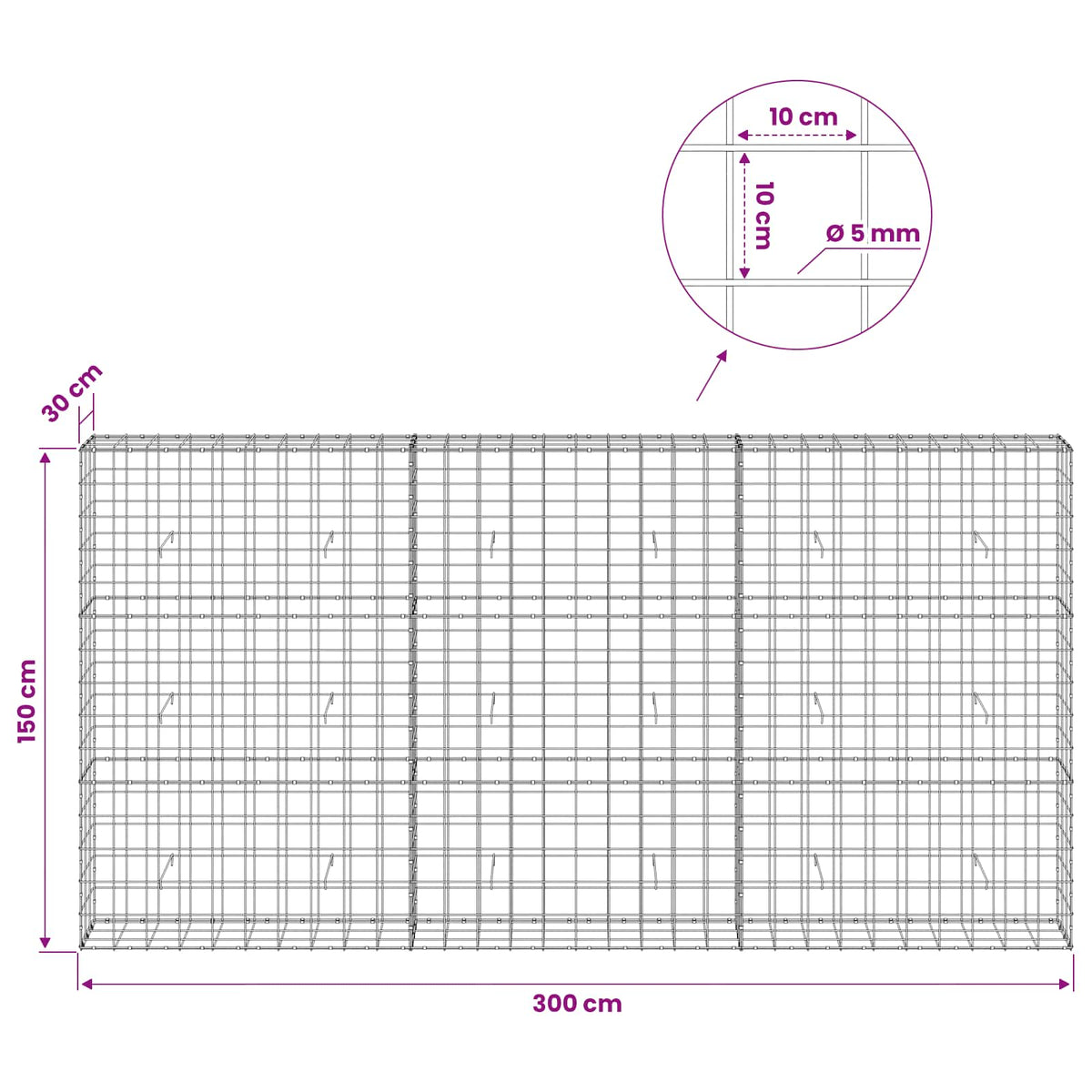 vidaXL Gabion with 5 mm Wire and 10x10 cm Mesh 300x30x150 cm 6