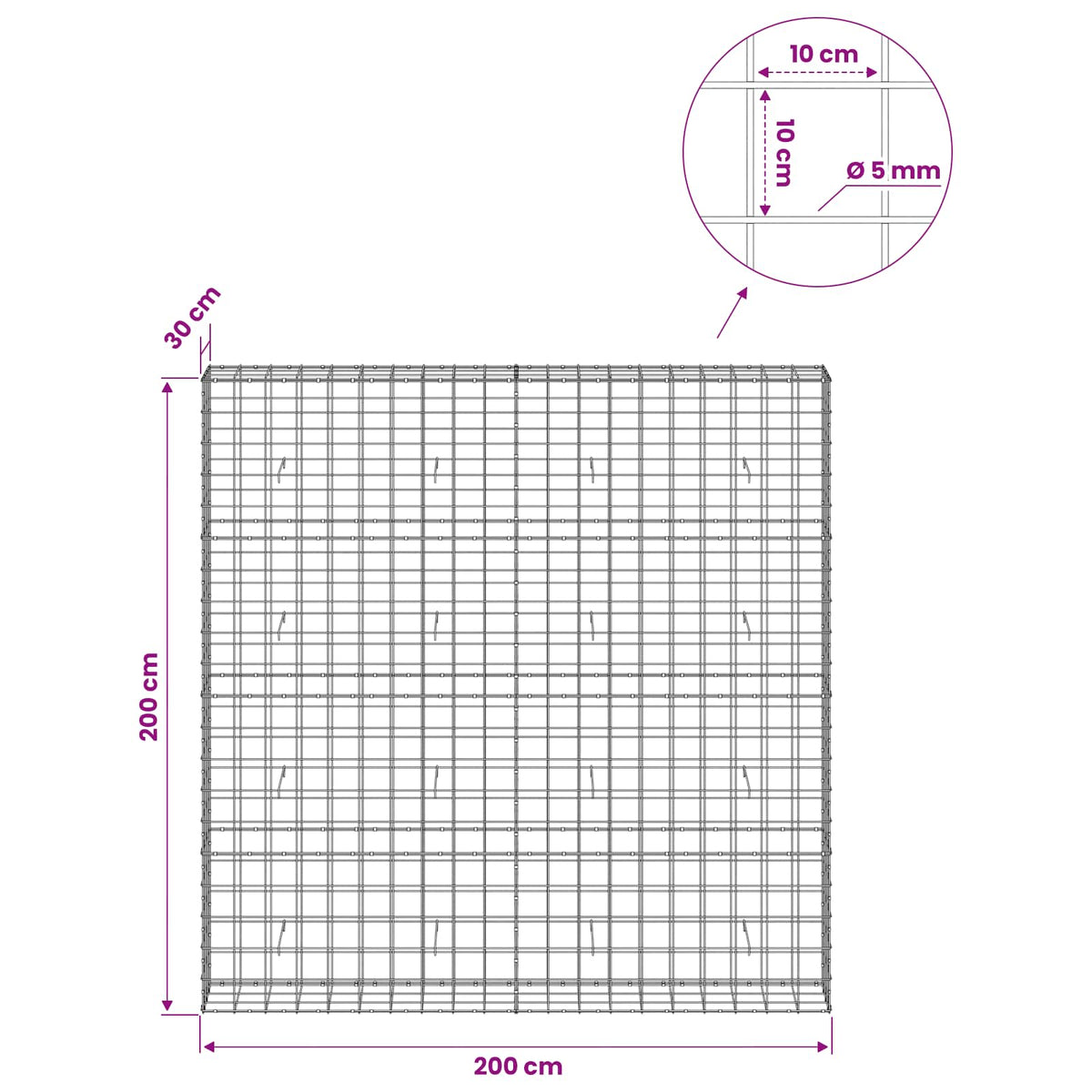 vidaXL Gabion with 5 mm Wire and 10x10 cm Mesh 200x30x200 cm 6