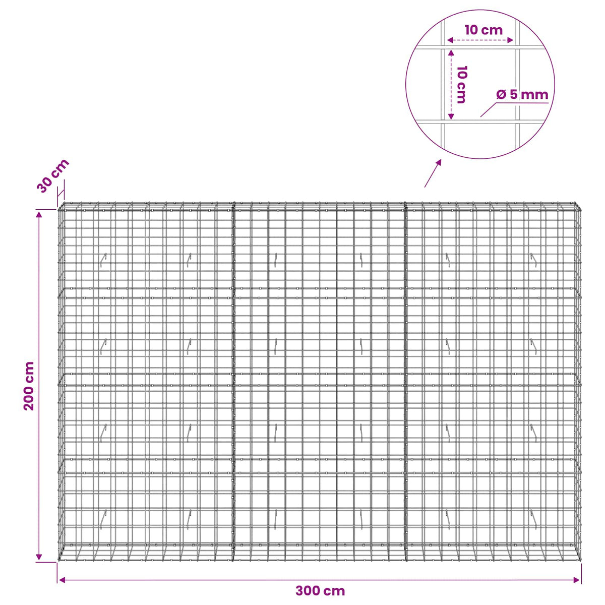 vidaXL Gabion with 5 mm Wire and 10x10 cm Mesh 300x30x200 cm 6