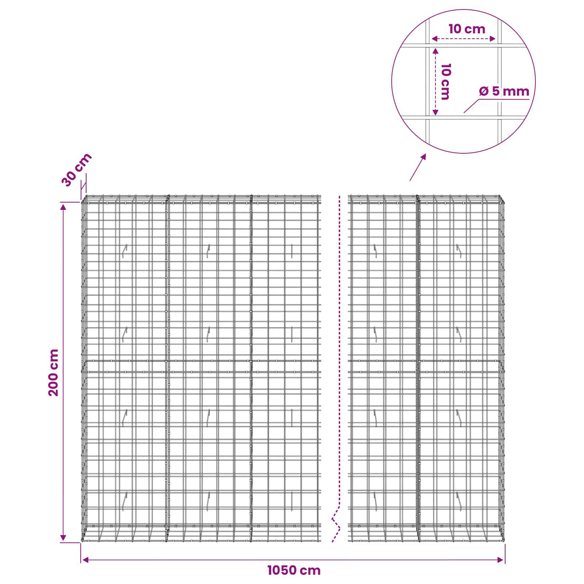 Gabion with 5 mm Wire and 10x10 cm Mesh 1050x30x200 cm 1050 cm