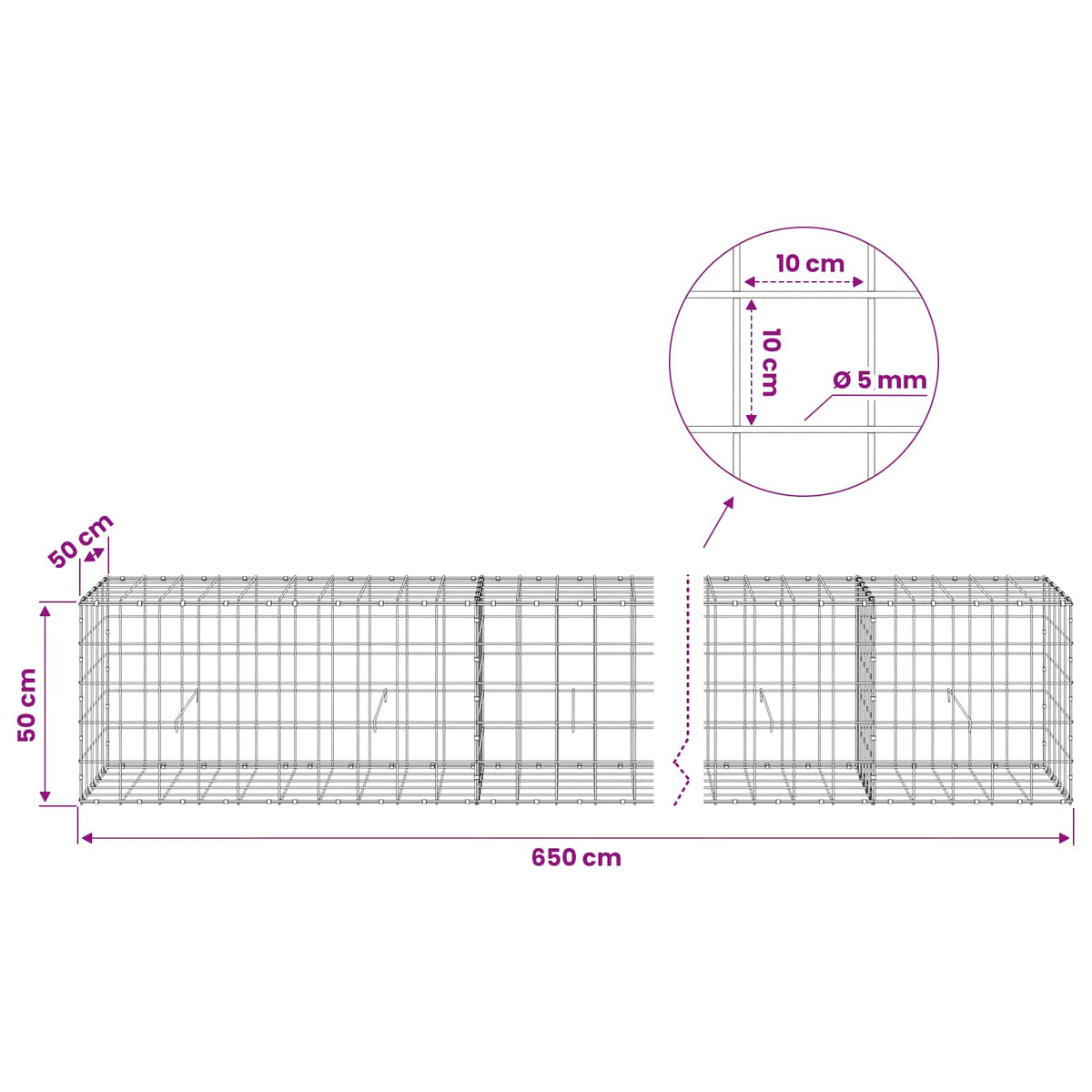 vidaXL Gabion with 5 mm Wire and 10x10 cm Mesh 650x50x50 cm 6
