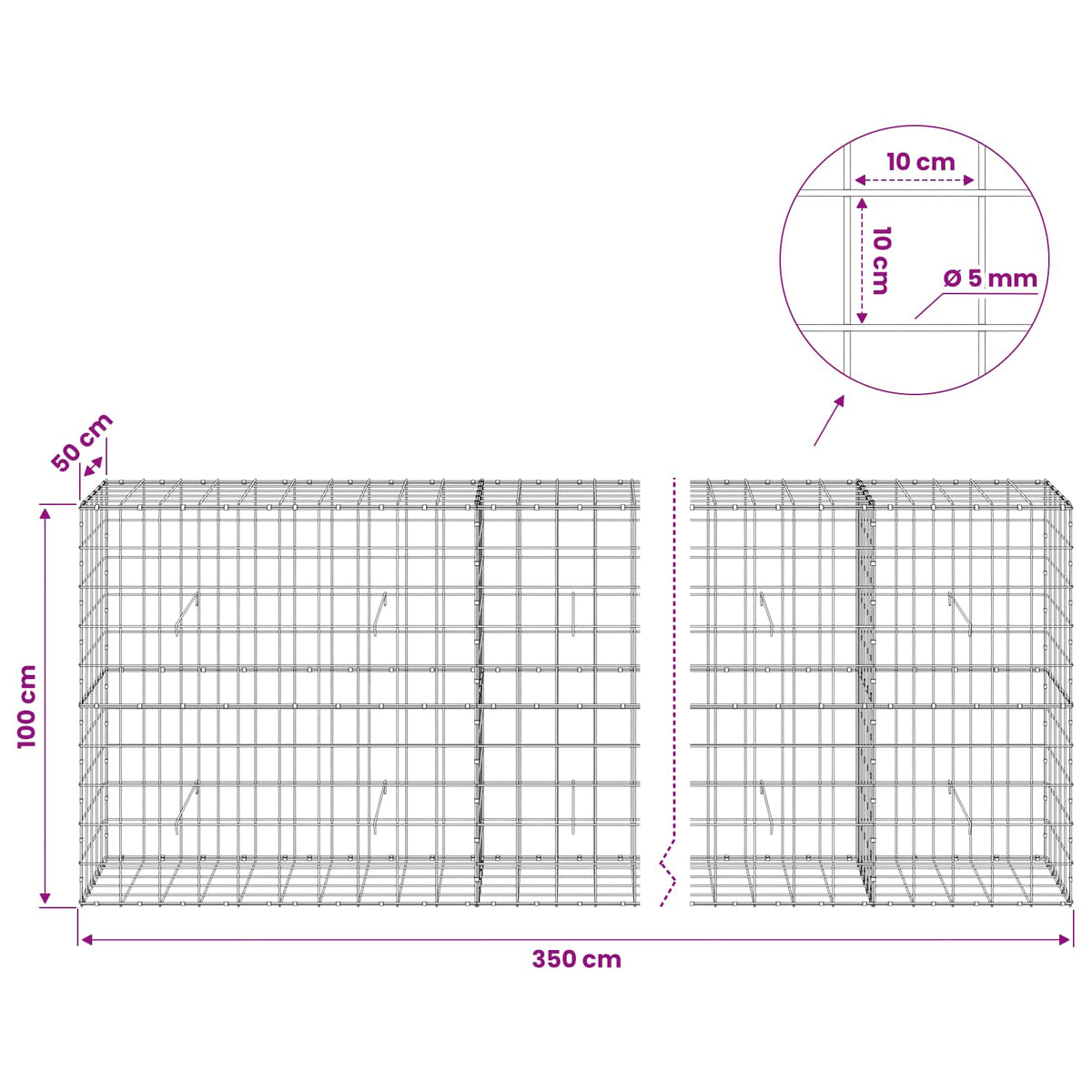 vidaXL Gabion with 5 mm Wire and 10x10 cm Mesh 350x50x100 cm 6