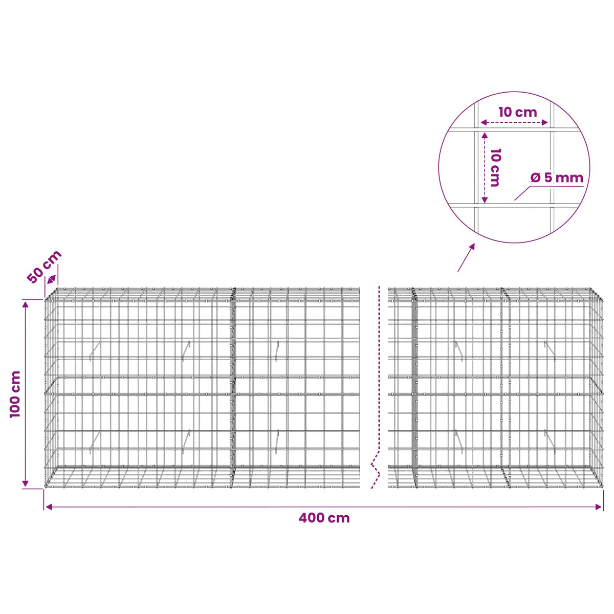 vidaXL Gabion with 5 mm Wire and 10x10 cm Mesh 400x50x100 cm 6