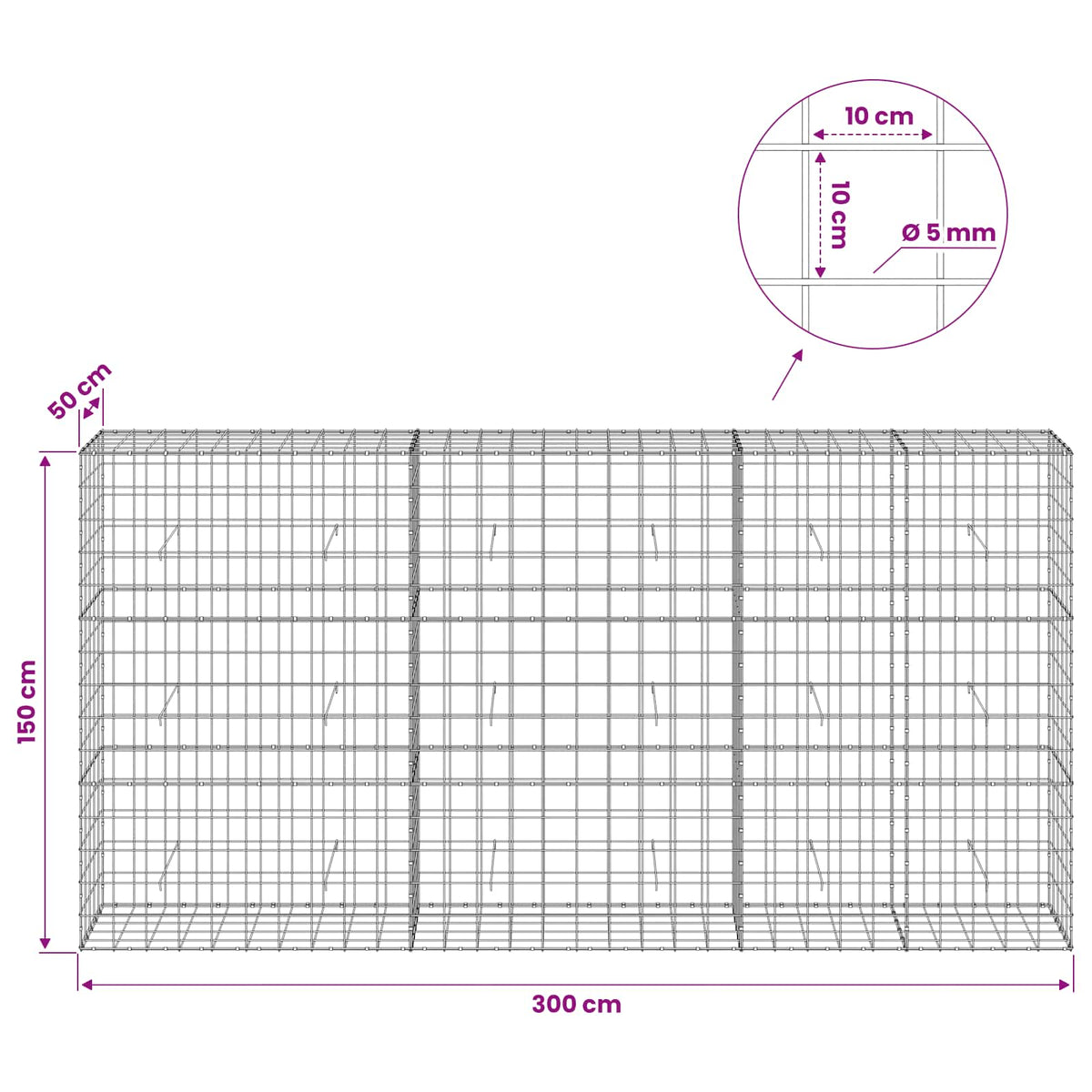 vidaXL Gabion with 5 mm Wire and 10x10 cm Mesh 300x50x150 cm 6