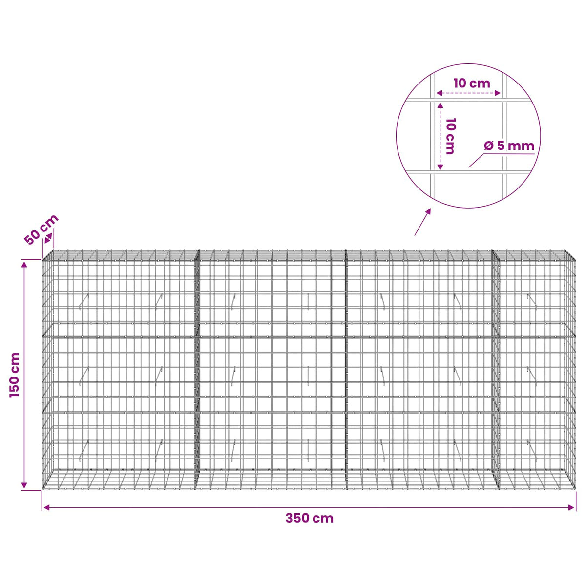 vidaXL Gabion with 5 mm Wire and 10x10 cm Mesh 350x50x150 cm 6