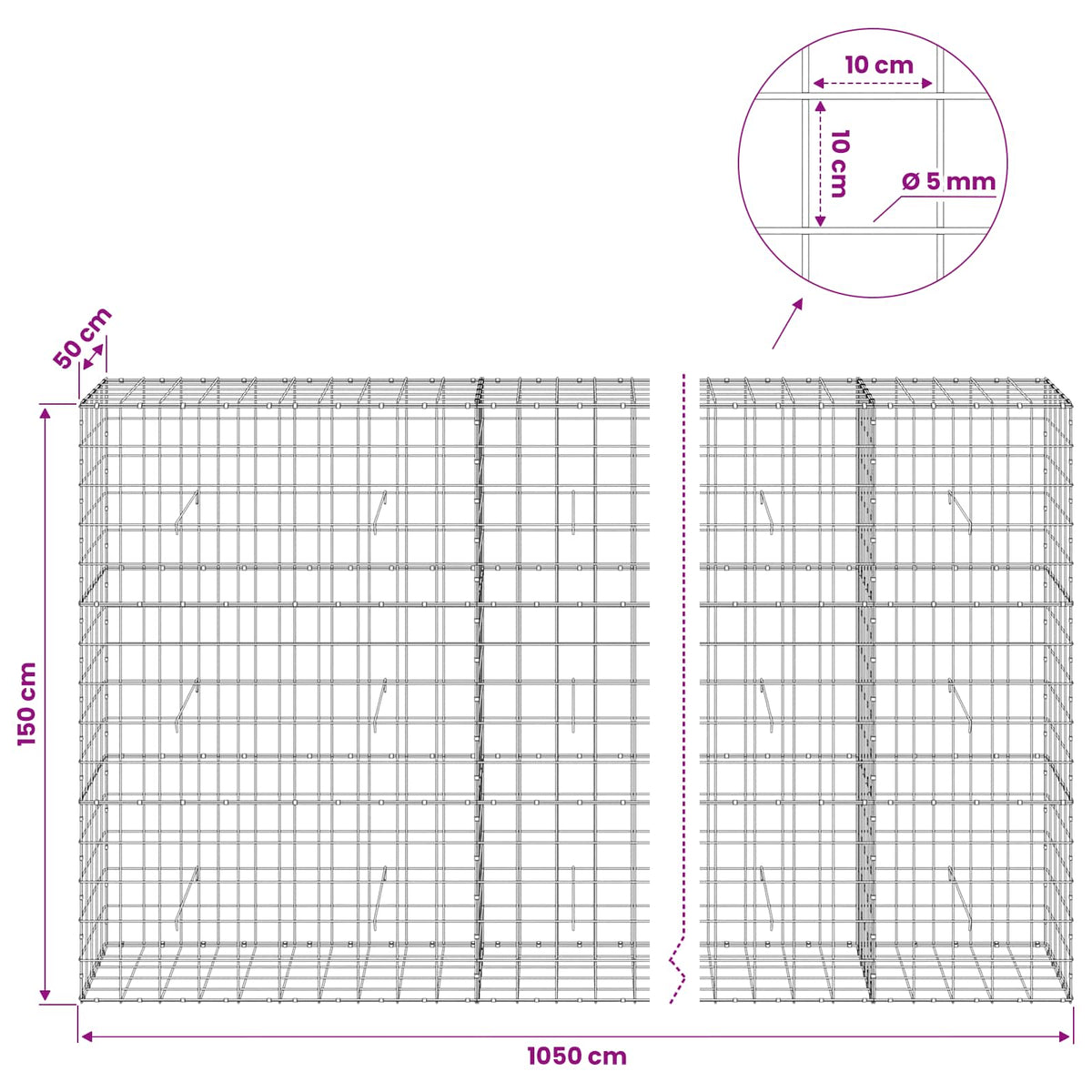 Gabion with 5 mm Wire and 10x10 cm Mesh 1050x50x150 cm 1050 cm