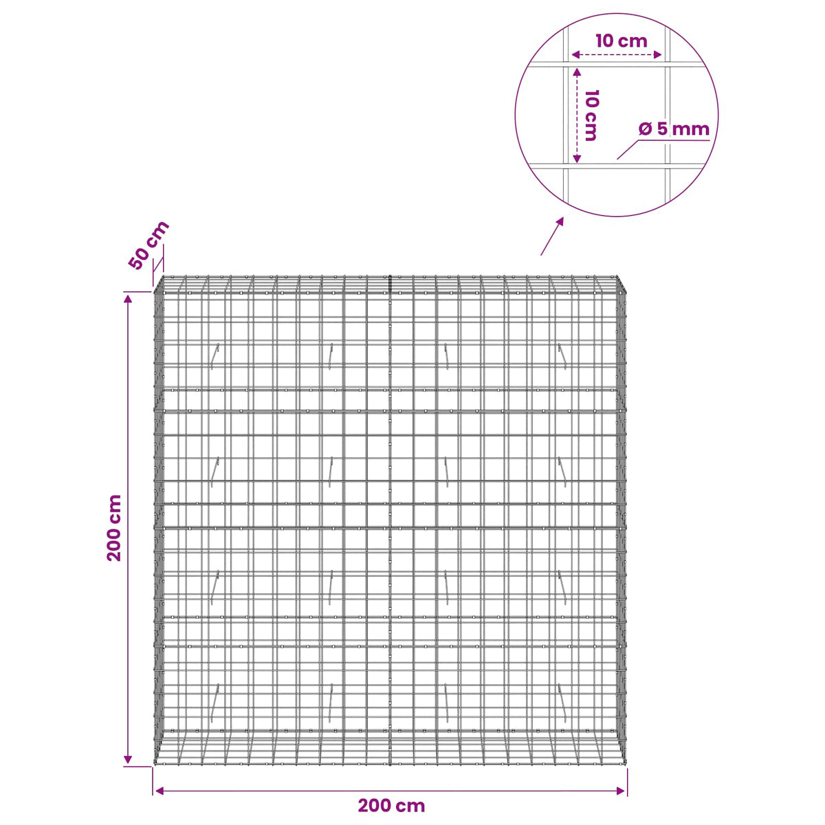 vidaXL Gabion with 5 mm Wire and 10x10 cm Mesh 200x50x200 cm 6