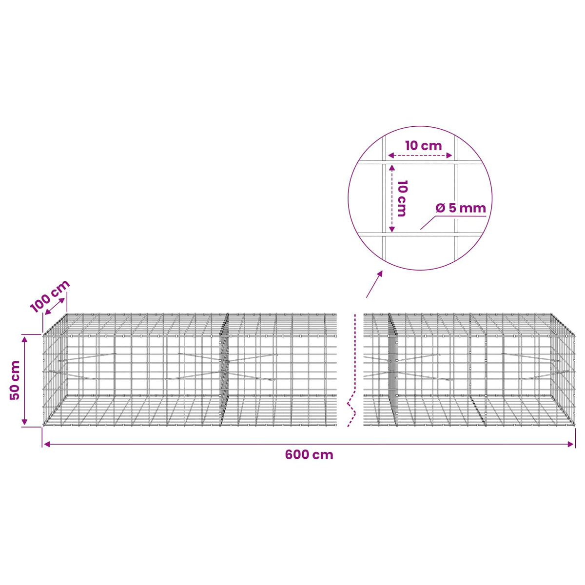 vidaXL Gabion with 5 mm Wire and 10x10 cm Mesh 600x100x50 cm 6