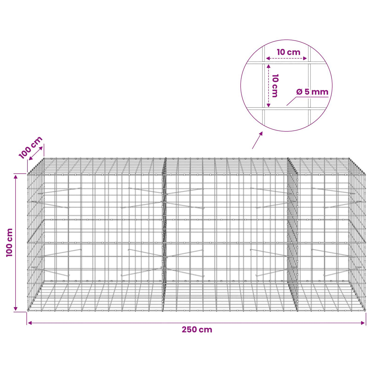 vidaXL Gabion with 5 mm Wire and 10x10 cm Mesh 250x100x100 cm 6