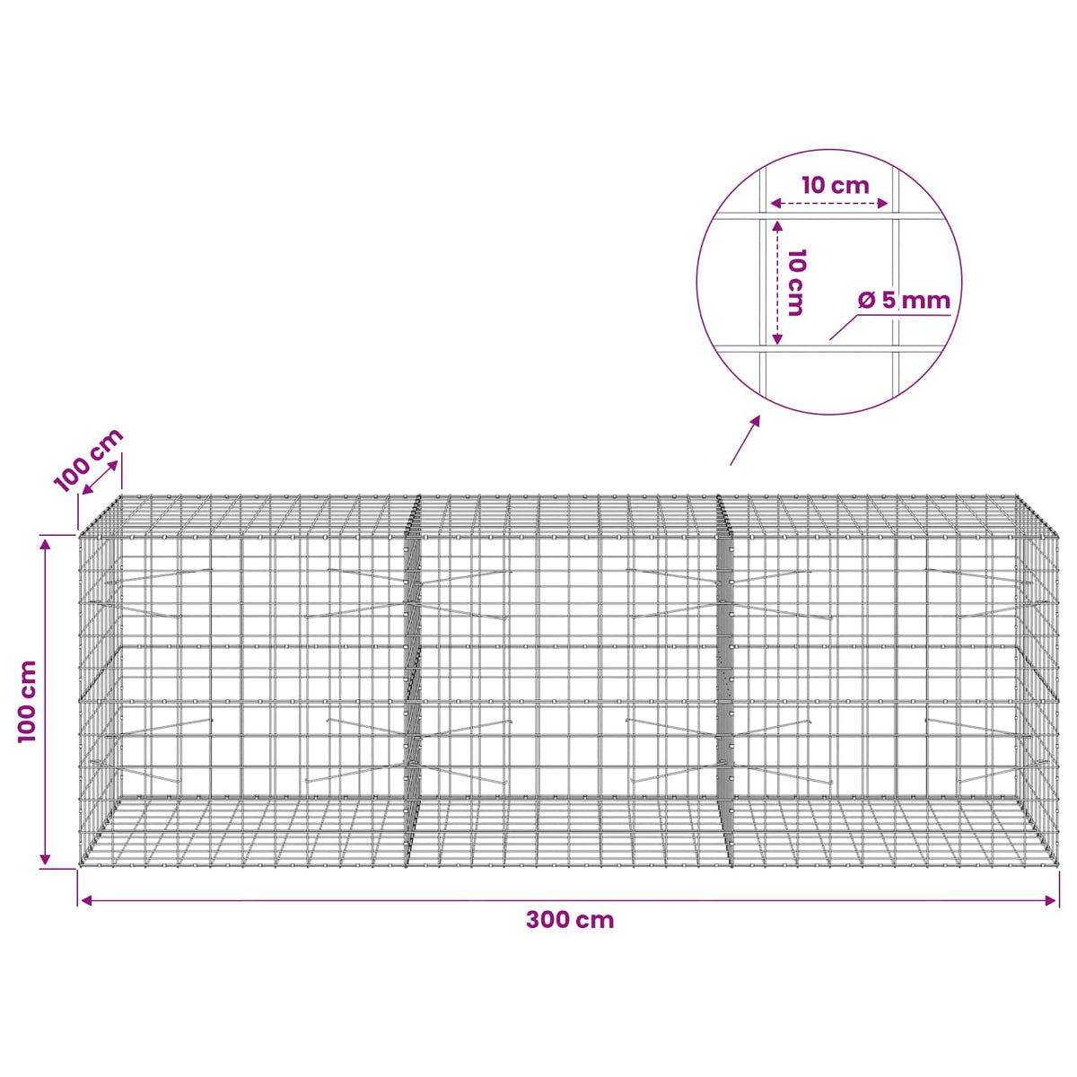 vidaXL Gabion with 5 mm Wire and 10x10 cm Mesh 300x100x100 cm 6