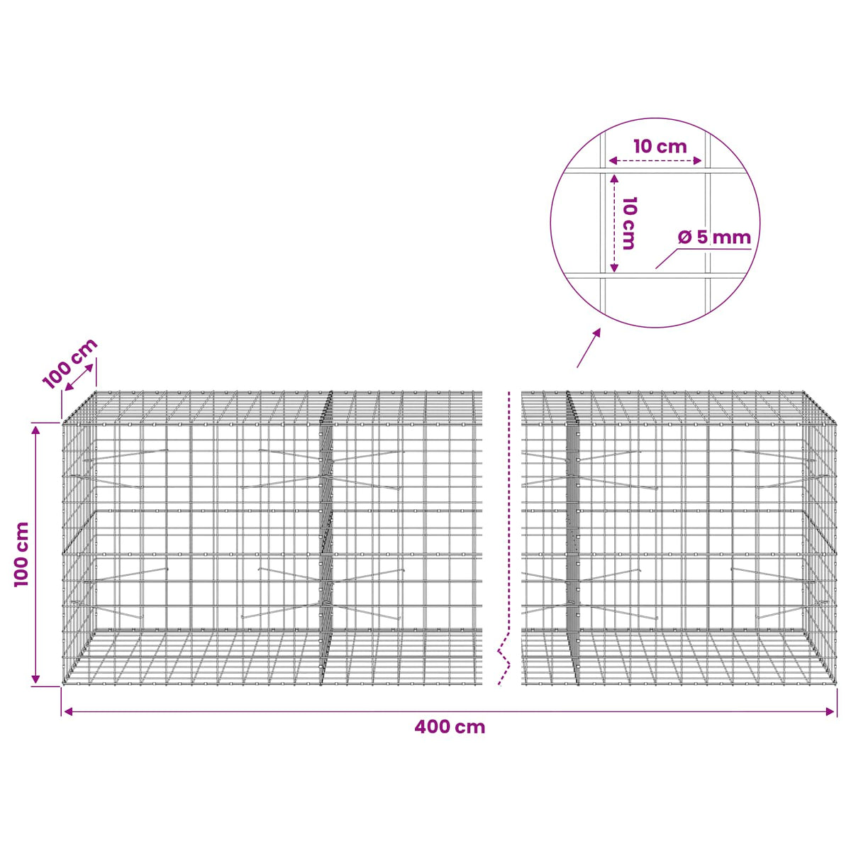 vidaXL Gabion with 5 mm Wire and 10x10 cm Mesh 400x100x100 cm 6