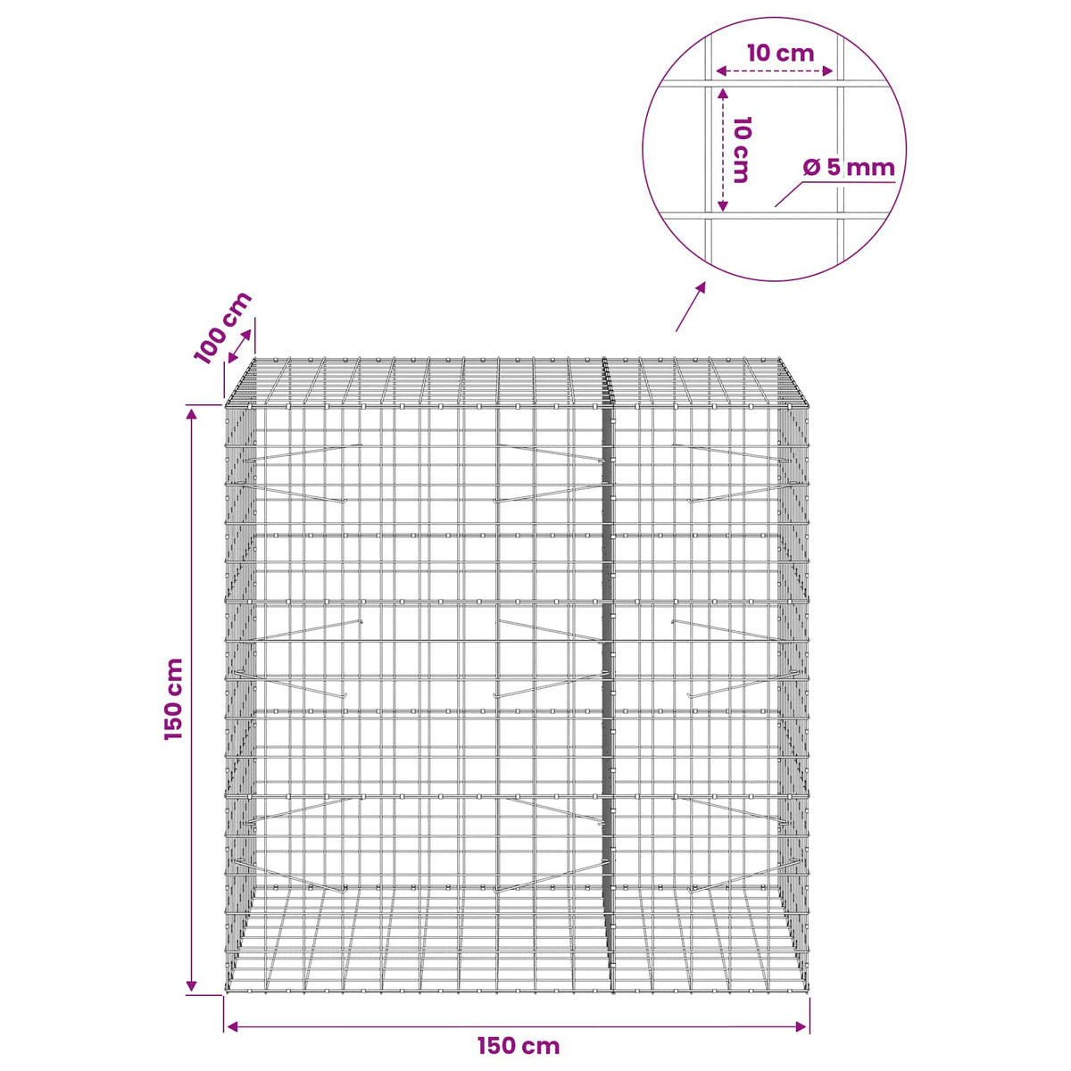 vidaXL Gabion with 5 mm Wire and 10x10 cm Mesh 150x100x150 cm 6