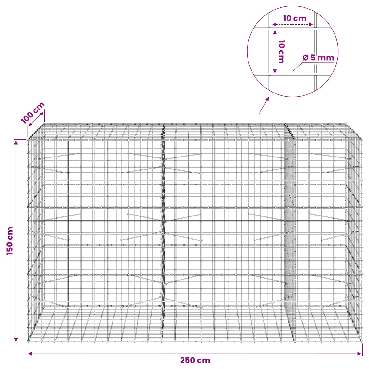 vidaXL Gabion with 5 mm Wire and 10x10 cm Mesh 250x100x150 cm 6