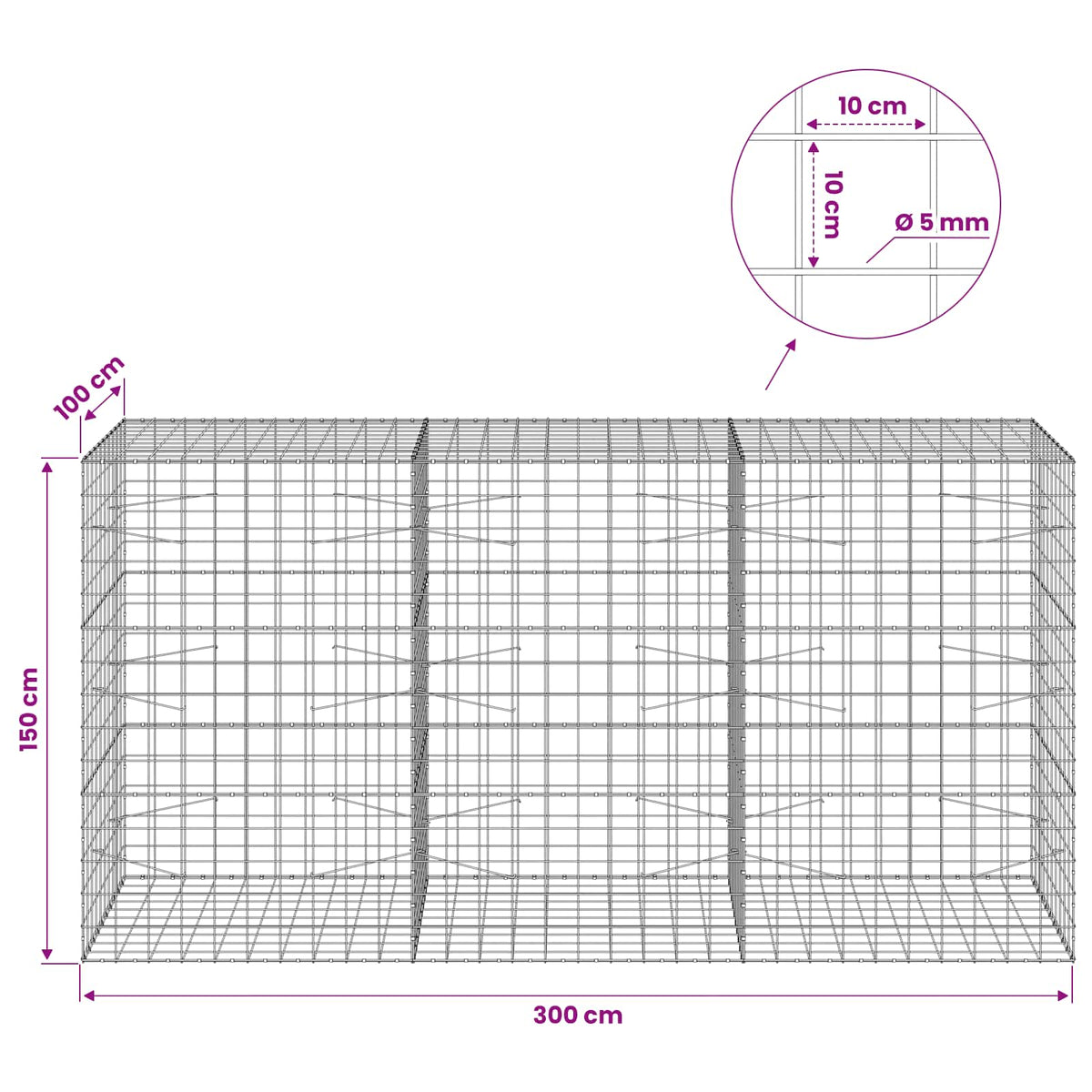 vidaXL Gabion with 5 mm Wire and 10x10 cm Mesh 300x100x150 cm 6