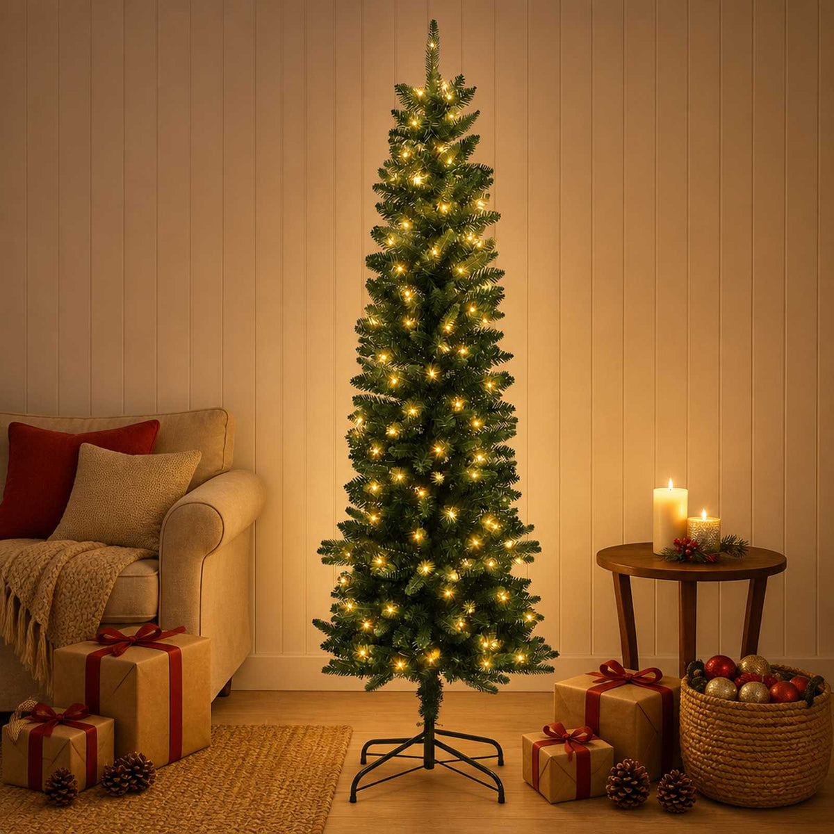 Artificial Slim Christmas Tree with Bauble 150 LEDs Green 120 cm with LEDs
