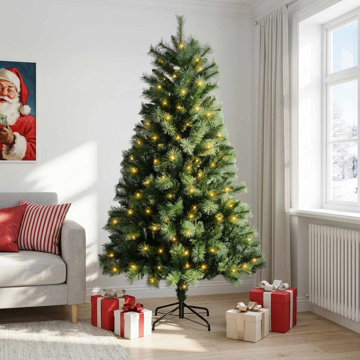 Artificial Hinged Christmas Tree with Baubles 150 LEDs Green 180 cm with LEDs