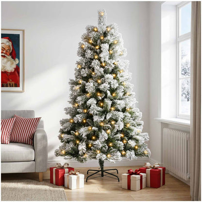Artificial Hinged Christmas Tree with Baubles 150 LEDs Green and white 210 cm with LEDs