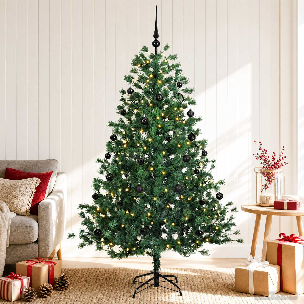 Artificial Christmas Tree with Bauble 150 LEDs with LEDs & black balls