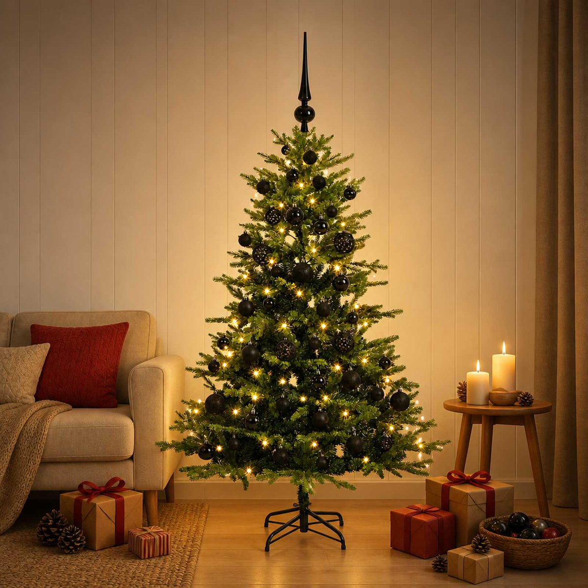 Artificial Christmas Tree with Bauble 150 LEDs Green Height 120 cm with LEDs & black balls