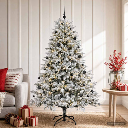 Artificial Christmas Tree with Bauble 150 LEDs Green and White 150 cm with LEDs & black balls