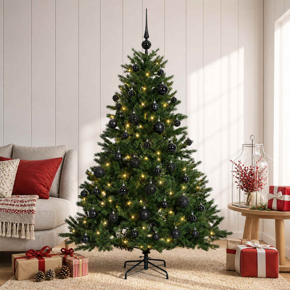 Artificial Christmas Tree with Bauble 150 LEDs Green with LEDs & black balls