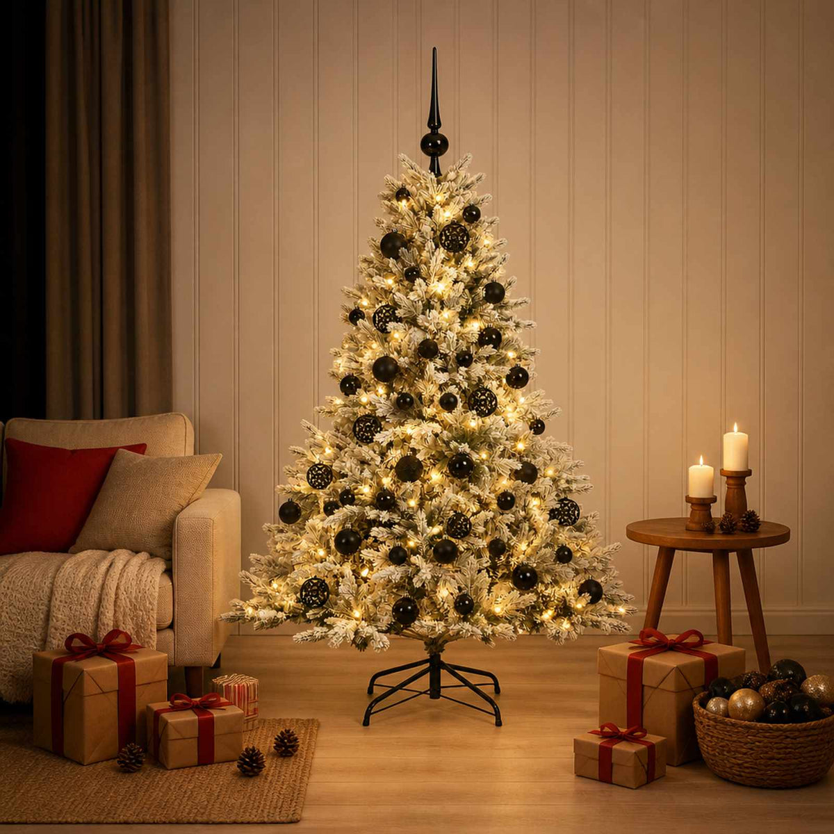 Artificial Christmas Tree with Bauble 150 LEDs Green and White with LEDs & black balls