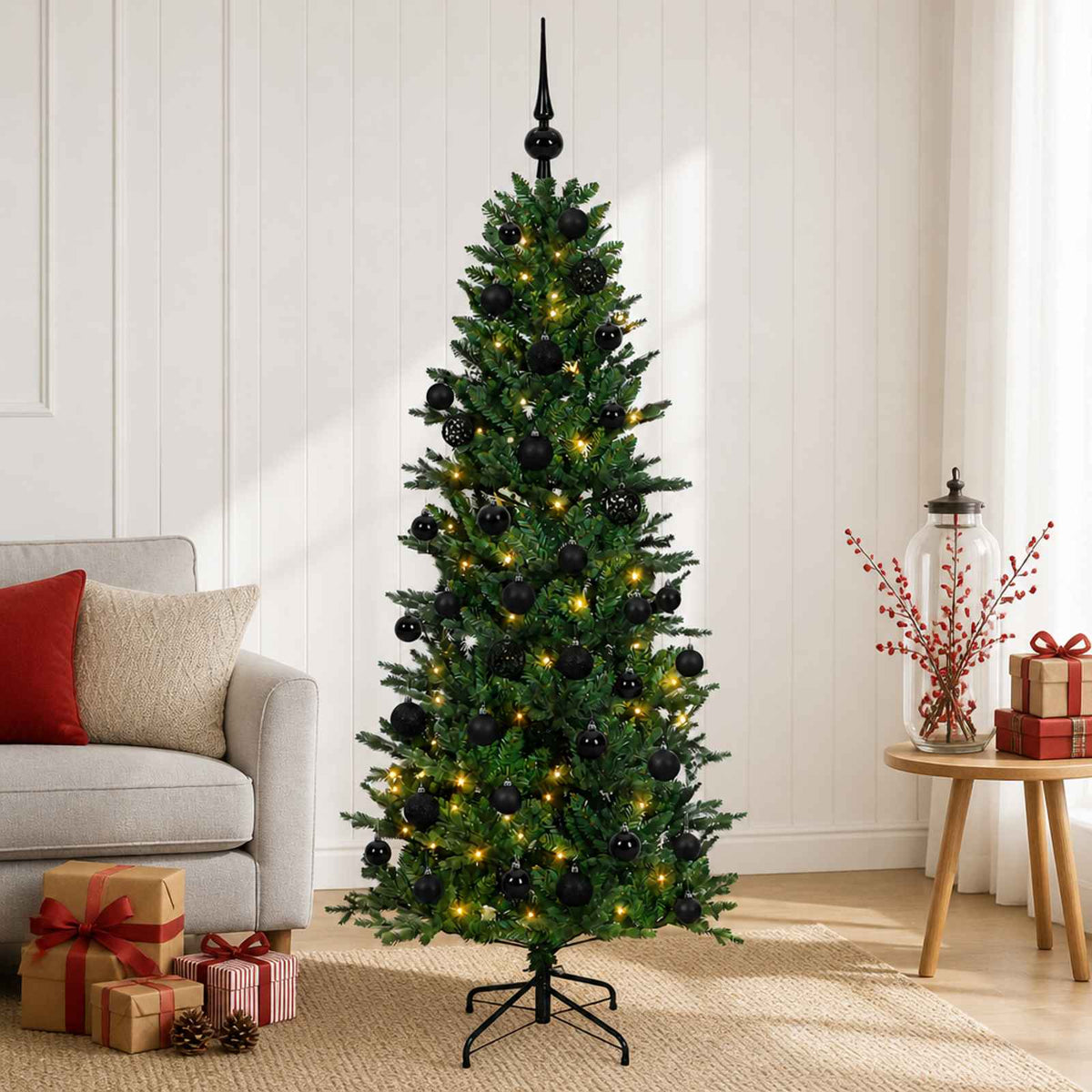 Artificial Christmas Tree with Bauble 150 LEDs Green with LEDs & black balls