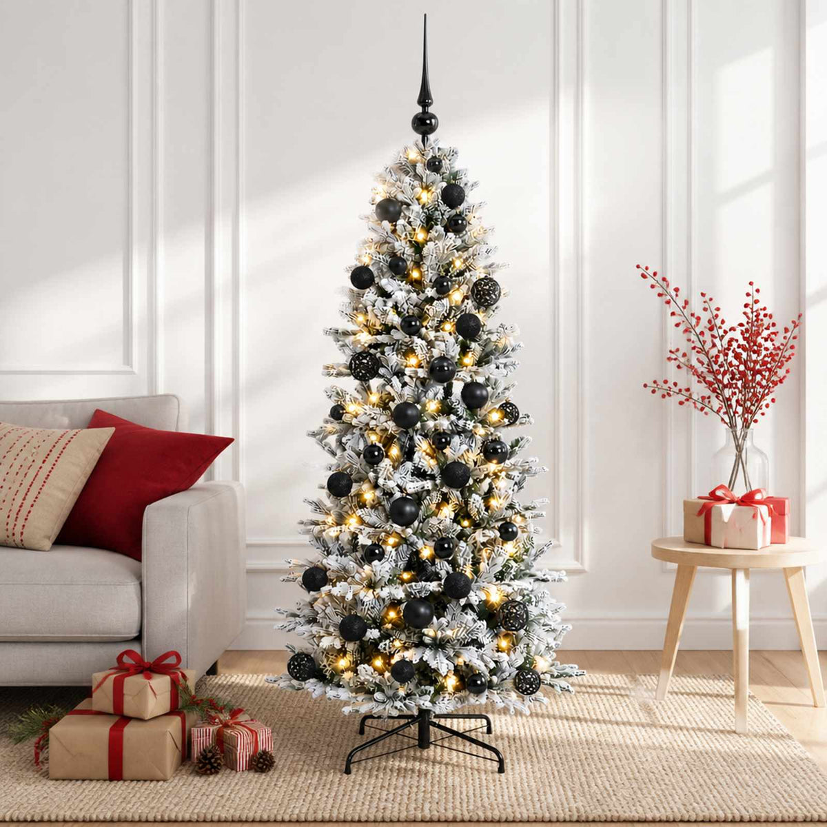 Artificial Christmas Tree with Bauble 150 LEDs Green and White Height 120 cm with LEDs & black balls