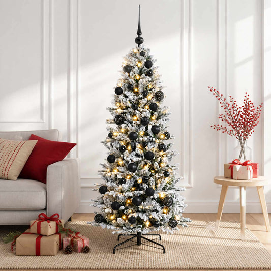 Artificial Christmas Tree with Bauble 150 LEDs Green and White with LEDs & black balls