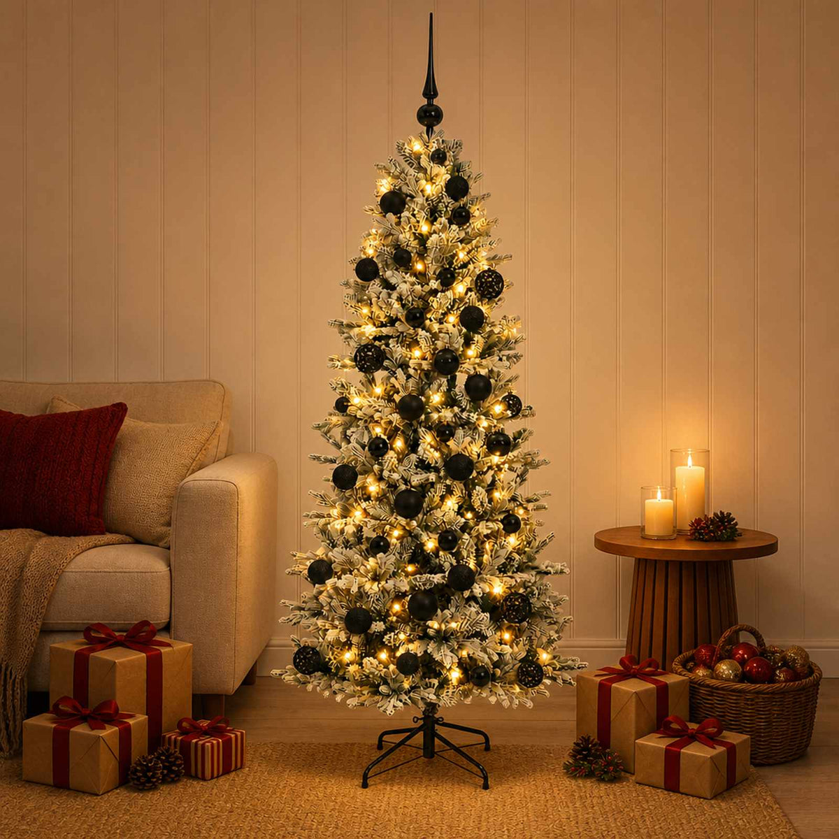 Artificial Christmas Tree with Bauble 150 LEDs Green and White Height 120 cm with LEDs & black balls