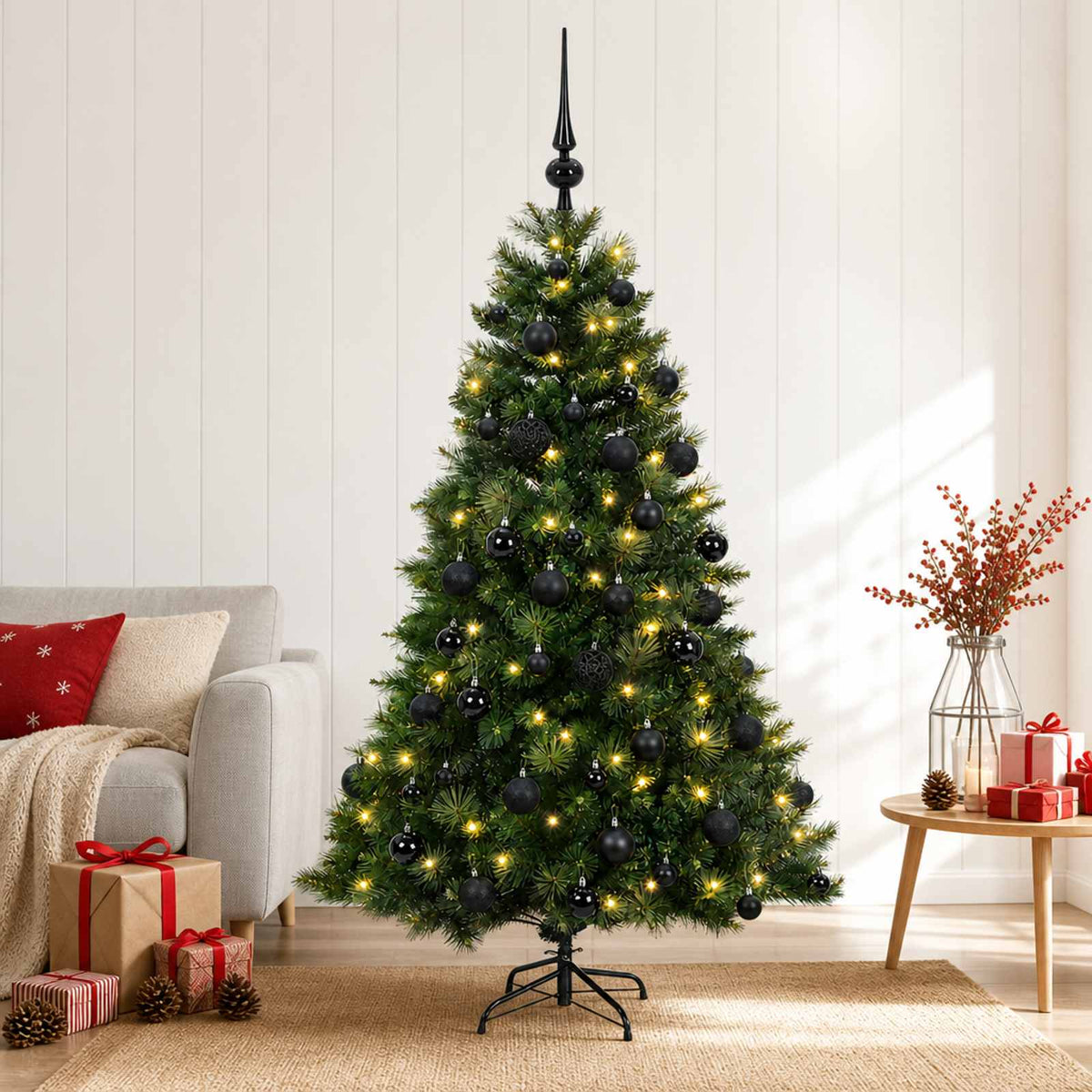 Artificial Christmas Tree with Bauble 150 LEDs Green Height 120 cm with LEDs & black balls