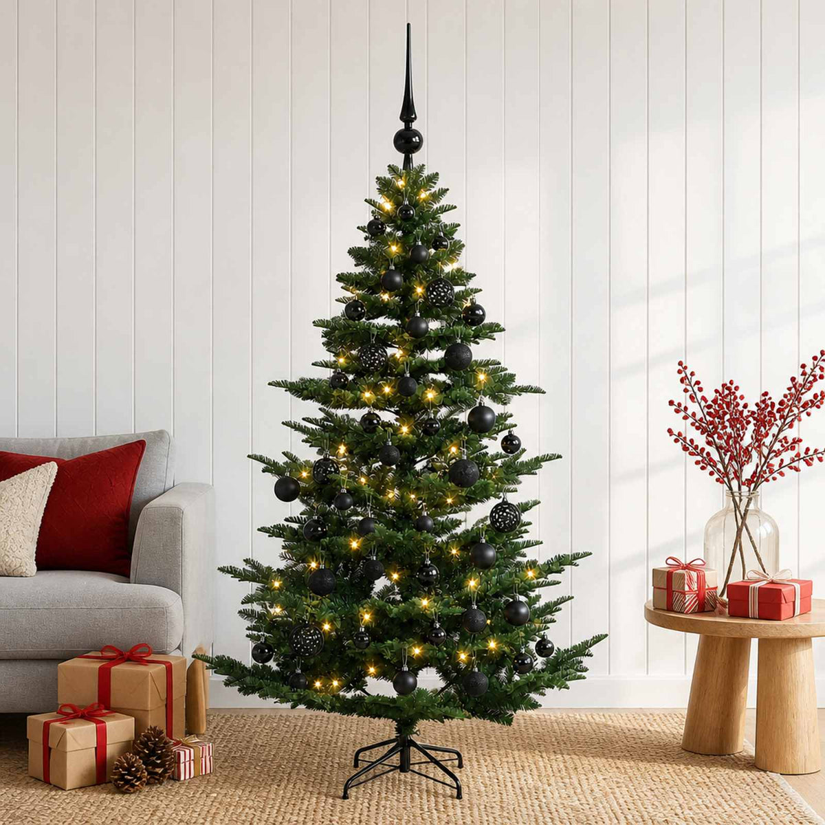 Artificial Christmas Tree with Bauble 150 LEDs Green Height 120 cm with LEDs & black balls