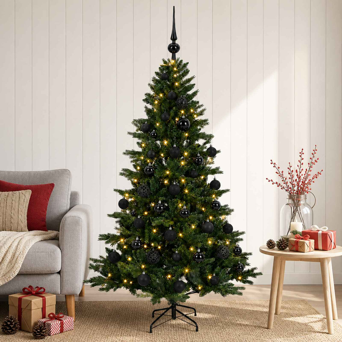 Artificial Christmas Tree with Bauble 150 LEDs with LEDs & black balls
