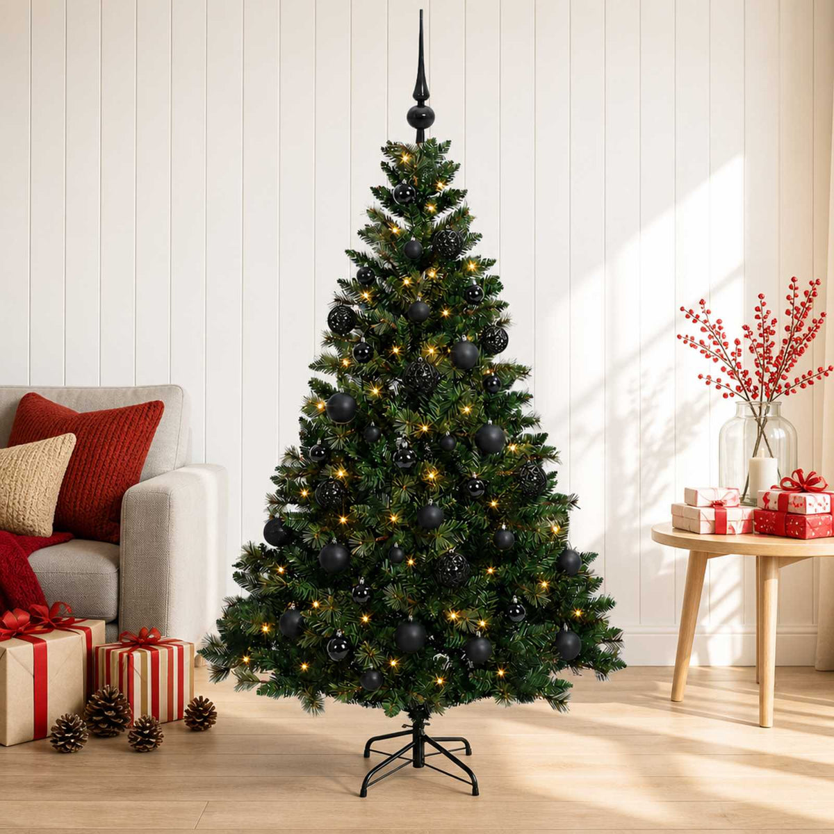 Artificial Christmas Tree with Bauble 150 LEDs Green with LEDs & black balls