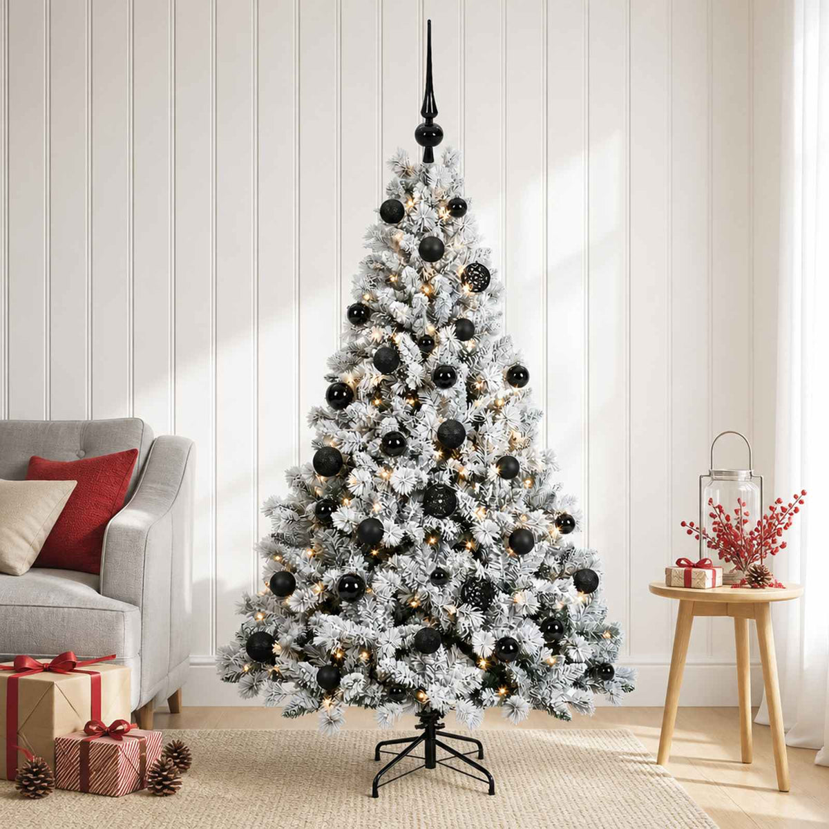 Artificial Christmas Tree with Bauble 150 LEDs Green and White with LEDs & black balls