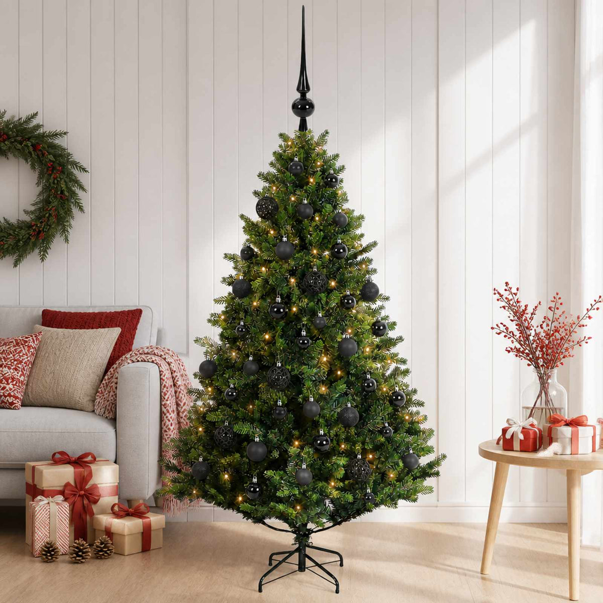 Artificial Christmas Tree with Bauble 150 LEDs Green 120 cm with LEDs & black balls